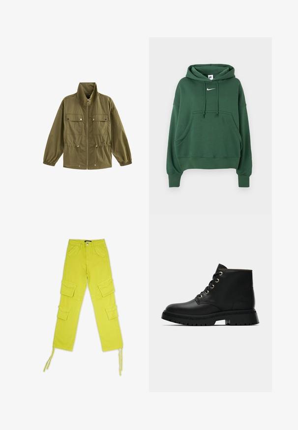 Oliven grøn lynlåstrøje med høj krave, to forlommer med klap og trykknapper, justerbare taljesnore og elastiske manchetter.; Mørkegrøn Nike hoodie med frontlomme, snøre i hætten og hvidt Nike swoosh-logo på brystet.; Cargo bukser i lys neon gul, med flere klaplommer, knaplukning og justerbare snore ved anklen. Fremstillet af holdbart stof.; Sort læder ankelstøvle med rund tå, guldøjer og tekstureret sål. Har polstret krave og et karakteristisk logo på siden.
