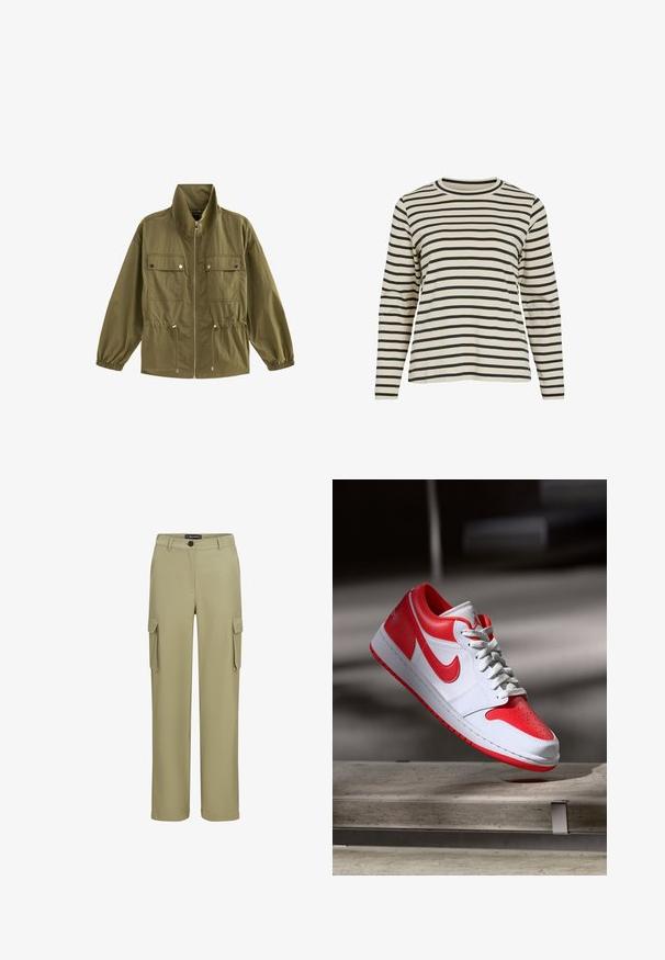 Olivengroene jas met ritssluiting, hoge kraag, twee klepzakken aan de voorkant met drukknopen, verstelbare taillekoorden en elastische manchetten.; Beige shirt met lange mouwen, zwarte horizontale strepen en een ronde hals, weergegeven op een witte achtergrond.; Khaki cargobroek van zacht materiaal. Heeft twee zijzakken en een knoopsluiting. Recht model met een nette afwerking.; Witte en rode Nike Air Jordan sneakers zweven in de lucht boven een stenen bank met een onscherpe, schaduwrijke achtergrond.