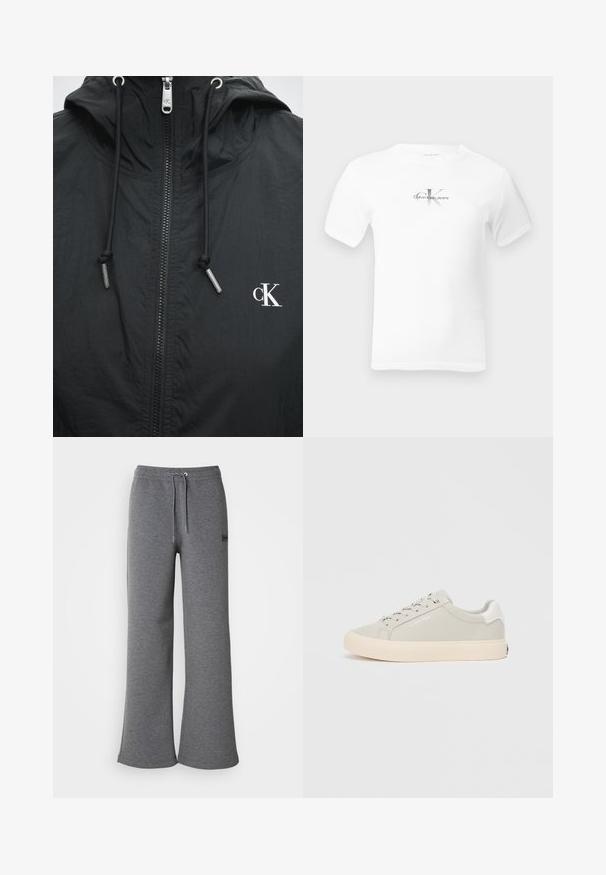 Zwarte capuchonjas met ritssluiting aan de voorkant, zwarte aantrekkoorden met metalen uiteinden en een wit "cK"-logo aan de rechterkant van de borst.; Witte T-shirt met korte mouwen en ronde hals, met een klein centraal geplaatst "CK Calvin Klein Jeans" logo in zwart en grijs op de borst.; Grijze sweatpants van zacht materiaal, met een trekkoord in de taille, ruime broekspijpen en een subtiele logo-detail aan de zijkant.; Lichtgrijze sneaker met een zachte textuur, ronde neus en witte veters. Heeft een beige zool en subtiele branding aan de zijkant.