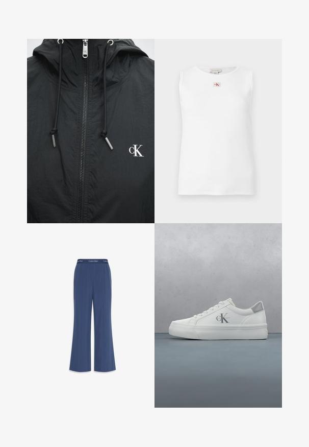 Zwarte capuchonjas met ritssluiting aan de voorkant, zwarte aantrekkoorden met metalen uiteinden en een wit "cK"-logo aan de rechterkant van de borst.; Witte mouwloze geribbelde tanktop met een klein rood en zwart Calvin Klein-logo gecentreerd net onder de halslijn.; Marineblauwe wijde broek gemaakt van zachte stof met een gladde textuur. Heeft een elastische tailleband met het "Calvin Klein" logo langs de bovenkant.; Witte leren sneakers met een platte zool, voorzien van een subtiele grijze hielaccent en een prominent 'CK' logo aan de zijkant.