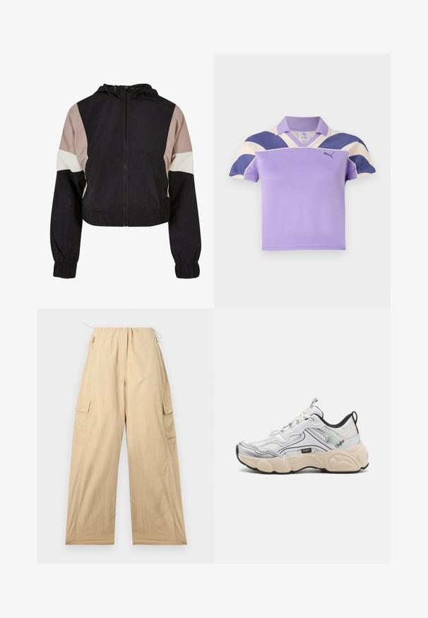 Lyhyt takki, jossa on musta vartalo ja vaaleanpunaista, valkoista ja mustaa väriä. Huppumainen malli, joustavat hihansuut ja edessä vetoketju.; Violet polo-paita, jossa on kauluksellinen kaula, ja suuret vaaleanpunaiset ja laivastonsiniset raidoitukset olkapäillä. Pehmeä, tekstuuriainen kangas, rento muotoilu.; Kahviprisma cargo housut rentoutuneella istuvuudella, joissa on naru vyötäröllä, kaksi sivutaskua ja sileä, kevyt kangas.; Valkoiset urheilukengät, joissa on verkko- ja synteettisiä paneeleja, hopeisia yksityiskohtia, tukeva kermaisen sävyinen pohja ja kontrastiväriset mustat yksityiskohdat. Varustettu nauhoitusjärjestelmällä.