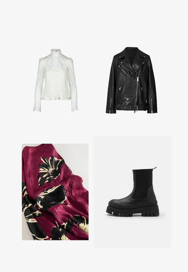 Chaqueta de motorista de cuero negro con cremalleras asimétricas, botones a presión y un cinturón. La textura es suave con un acabado ligeramente brillante.; Blusa de encaje blanca con cuello alto, mangas largas abullonadas y patrón floral. Ribete de satén en la parte inferior para un detalle añadido.; Tela arrugada con grandes patrones florales en negro, crema y burdeos. Textura suave con un brillo liso y diseño drapeado.; Botas negras hasta el tobillo con un upper de piel lisa, paneles laterales elásticos y una suela de goma gruesa con surcos profundos para mejor tracción.