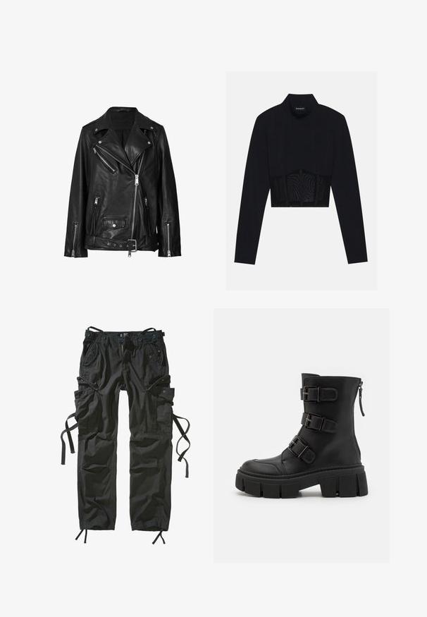 Zwarte leren motorjack met asymmetrische ritsen, drukknoopsluitingen en een riem. De textuur is soepel met een licht glanzende afwerking.; Zwarte lange mouwen crop top met een hoge hals, een doorschijnend meshpaneel op de taille en gestructureerde naden voor een aansluitend ontwerp.; Zwarte cargobroek van lichtgewicht stof, met meerdere zakken, trekkoorden aan de zijkanten en een ontspannen pasvorm met versterkte stiksels.; Even&Odd by Zalando Cowboy-/Bikerlaarsjes - black