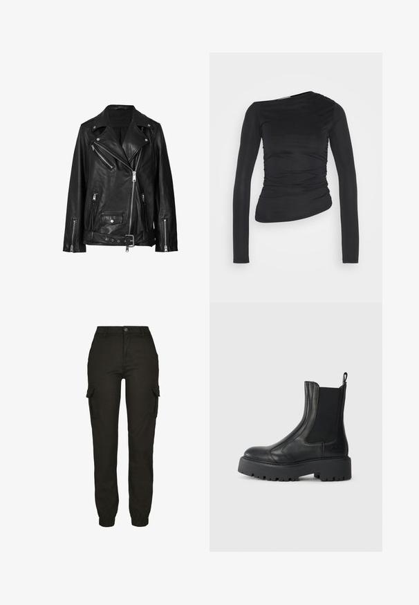 Sort læder bikerjakke med asymmetrisk lynlås, trykknapper og et bælte. Teksturen er glat med en let skinnende overflade.; Sort langærmet bluse med et slankt, tætsiddende design. Har asymmetrisk udskæring og samlet tekstur på den ene side. Glat stofoverflade.; Sorte cargo bukser med en tætsiddende talje og elastiske manchetter. Har sidelommer med lap og et glat, slidstærkt stof.; Sorte læder ankelstøvler med elastiske sidepaneler, en afrundet tæerne og en chunky tekstureret gummisål. Har en trækflap bagpå.