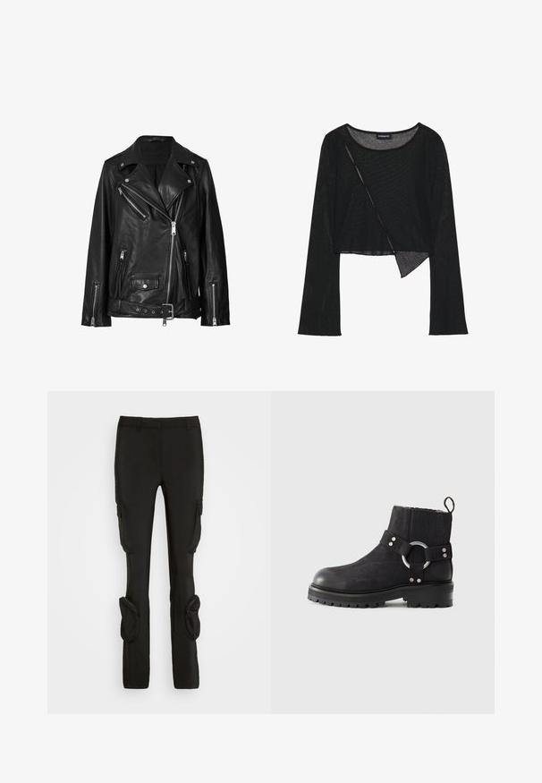 Zwarte leren motorjack met asymmetrische ritsen, drukknoopsluitingen en een riem. De textuur is soepel met een licht glanzende afwerking.; Zwarte langemouwen crop top van een lichtgewicht, doorzichtig materiaal. Heeft een ronde halslijn en een asymmetrische zoom met een subtiele textuur.; Weekday ILA CARGO TROUSER - Cargobroek - black; Zwarte enkelboots met een ronde neus, textuur bovenkant, elastische zijpanelen en een decoratieve zilveren ringaccent. Stevige zool met profiel.