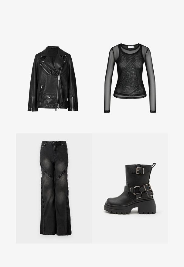 Veste de biker en cuir noir avec des fermetures éclair asymétriques, des boutons-pression et une ceinture. La texture est lisse avec une finition légèrement brillante.; Top noir à manches longues en mesh transparent avec un col rond et une silhouette ajustée, superposé sur un sous-vêtement noir sans manches uni.; Jean en denim noir avec une coupe large, présentant des accents en chaîne le long des coutures latérales et une fermeture à bouton et à zip à la taille.; Bottine en cuir noir avec une semelle épaisse, accents de boucle et de sangle, et une finition texturée. Équipée d'une languette pour un enfilage facile.