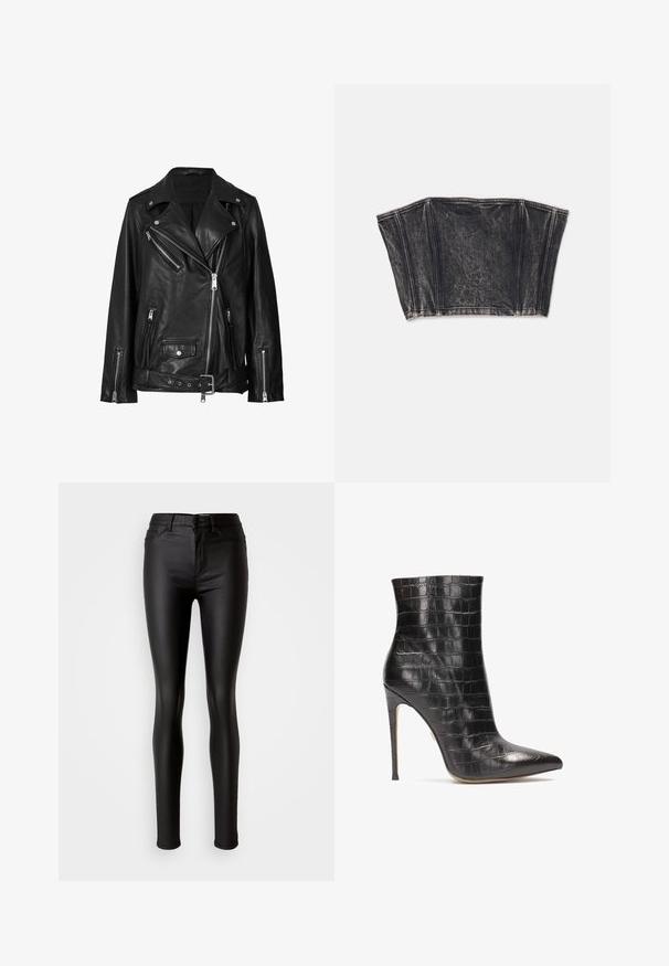 Veste de biker en cuir noir avec des fermetures éclair asymétriques, des boutons-pression et une ceinture. La texture est lisse avec une finition légèrement brillante.; Bustier en denim noir au design structuré, avec des coutures verticales et une forme ajustée et courte. Surface texturée avec un léger dégradé.; Jean skinny en simili cuir noir avec une texture lisse, taille haute, fermeture bouton et design traditionnel à cinq poches.; Bottines en cuir noir avec une texture crocodile, bout pointu et un haut talon aiguille, présentant une finition brillante.