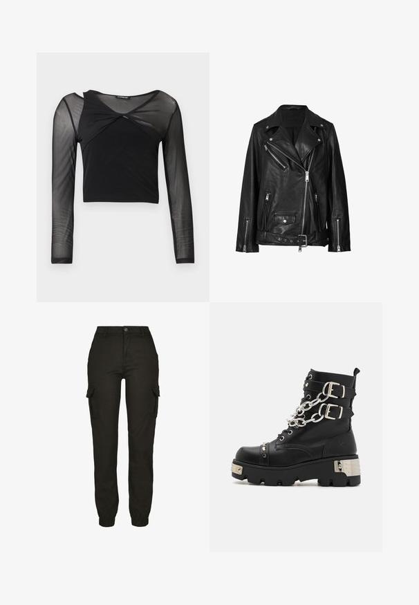 Veste de biker en cuir noir avec des fermetures éclair asymétriques, des boutons-pression et une ceinture. La texture est lisse avec une finition légèrement brillante.; Haut court noir à manches longues avec un empiècement en maille transparente sur le haut de la poitrine, les épaules et les manches, doté d'un détail torsadé à l'avant du col.; Pantalons cargo noirs avec une taille ajustée et des poignets élastiques. Dispose de poches latérales et d'une texture de tissu lisse et durable.; Koi Footwear SHACKLED SHADOWS HEAVY DUTY CHAIN - Bottines de cowboy / motard - black