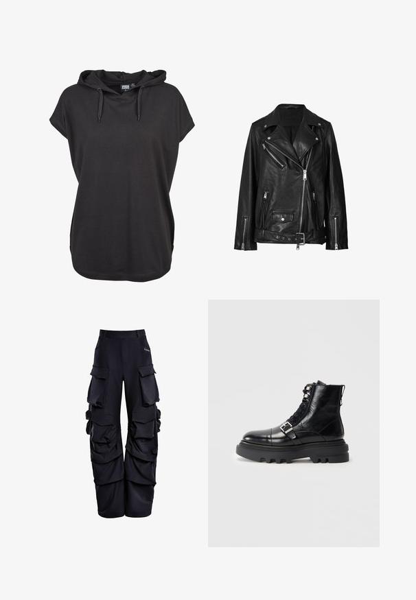 Schwarze Lederbikerjacke mit asymmetrischen Reißverschlüssen, Druckknöpfen und einem Gürtel. Die Textur ist glatt mit einem leicht glänzenden Finish.; Schwarzes Kapuzenshirt mit kurzen Ärmeln, aus weichem Stoff gefertigt. Verfügt über verstellbare Kordeln und eine lockere Passform. Einfaches Design, ohne Muster.; Schwarze Cargo-Hosen aus strukturiertem Material, mit mehreren großen Taschen, weitem Schnitt und gerafften Details an den Seiten.; Schwarze Leder-Ankle-Boots mit strukturierter Oberfläche, ausgestattet mit Schnürdesign, Metallakzenten und einer dicken Gummisohle mit ausgeprägtem Profil.