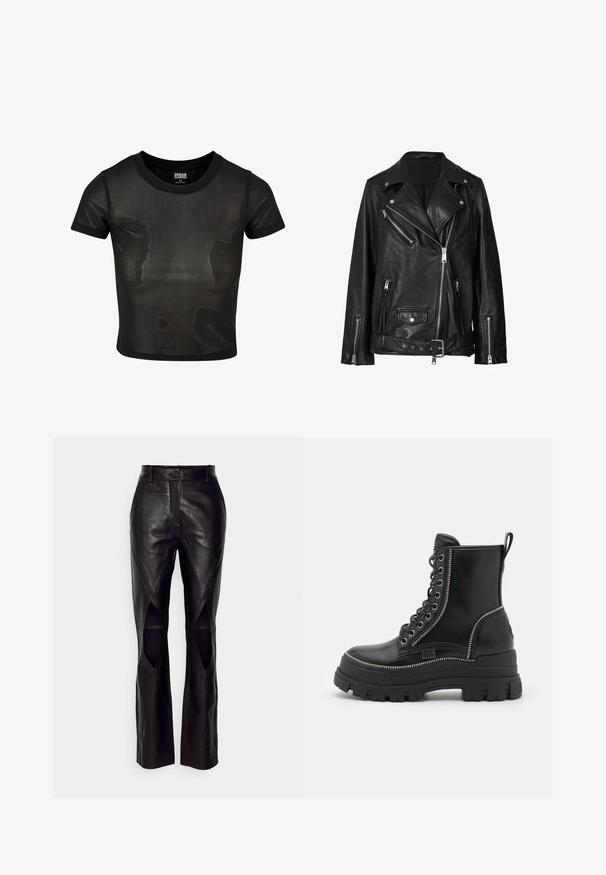 Zwarte leren motorjack met asymmetrische ritsen, drukknoopsluitingen en een riem. De textuur is soepel met een licht glanzende afwerking.; Zwarte cropped t-shirt gemaakt van sheer stof, met korte mouwen en een ronde hals. Gelaagde textuur en contrasterende effen afwerking.; Zwarte leren broek met een slim fit ontwerp, voorzien van diagonale naden en uitsnijdingen aan de zijkanten. Rechte pijpen met een knoopsluiting in de taille.; Zwarte leren enkel laarzen met een stevige rubberen zool, voorzien van een vetersluiting aan de voorkant, een zijrits en zilveren ritssluiting accenten.