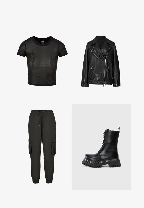 Veste de biker en cuir noir avec des fermetures éclair asymétriques, des boutons-pression et une ceinture. La texture est lisse avec une finition légèrement brillante.; T-shirt noir cropped en tissu transparent, avec des manches courtes et un col rond. Surface texturée et garniture solide contrastante.; Pantalons cargo noirs en tissu léger, dotés d'une taille élastique, d'un cordon de serrage ajustable, de poches latérales et de poignets côtelés.; Botte de combat en cuir noir avec semelle épaisse à crampons, lacets à l'avant, fermeture éclair sur le côté et tirant sur un fond clair.
