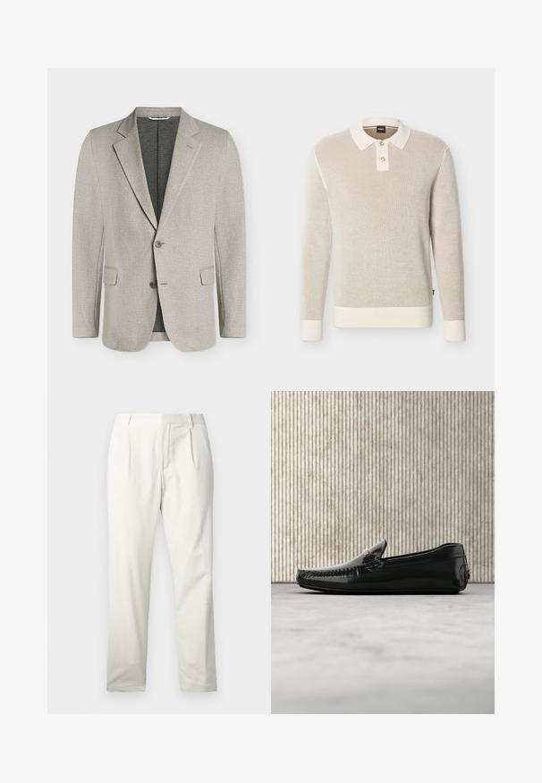 Blazer pour homme beige clair texturé avec revers crantés, deux boutons, poches à rabat et doublure intérieure foncée.; Pull polo beige en maille texturée à manches longues avec col blanc, deux boutons, poignets et ourlet côtelés.; Pantalons en coton blanc à jambe droite, dotés de plis sur le devant, d'une texture lisse et d'une conception de taille classique.; Mocassins en cuir noir avec une finition brillante, bout rond et quincaillerie décorative à l'avant. Semelle en caoutchouc à profil bas. Texture lisse.
