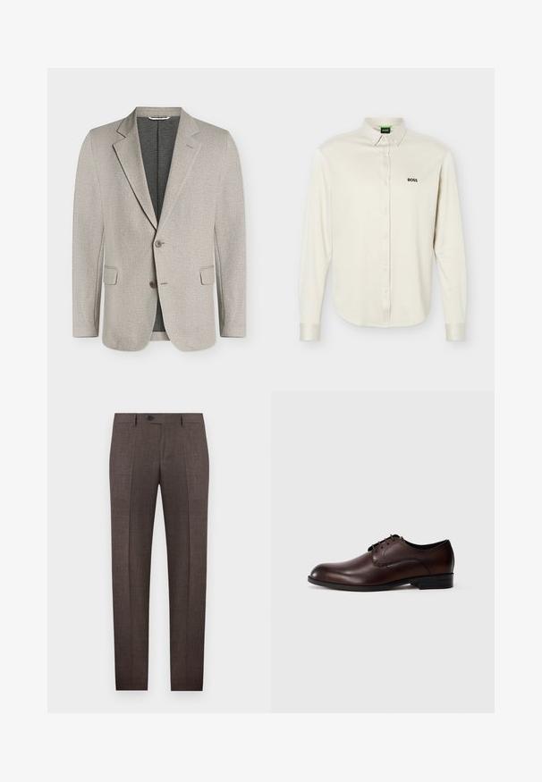 Blazer pour homme beige clair texturé avec revers crantés, deux boutons, poches à rabat et doublure intérieure foncée.; Chemise blanche à manches longues avec col, logo noir "BOSS" sur le côté gauche de la poitrine, et poignets à boutons, présentée sur un fond uni.; Pantalon habillé pour hommes sur mesure de couleur marron, avec passants de ceinture, fermeture à boutons sur le devant, et plis marqués, sur fond blanc.; Chaussure habillée en cuir marron pour homme, à lacets, semelle noire, talon bas, finition lisse sur un fond uni.