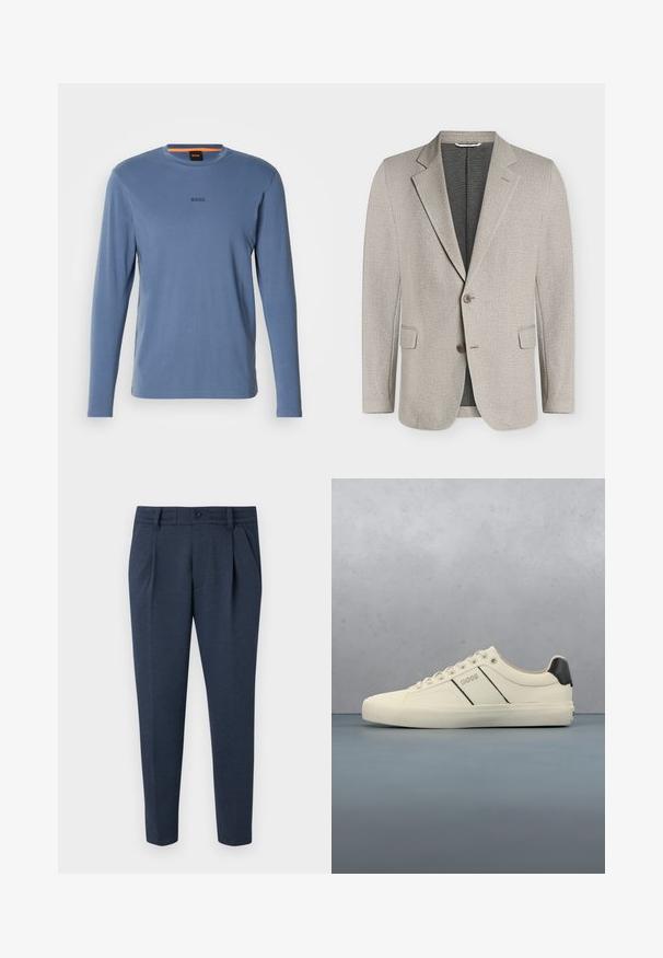Lysebeige tekstureret herreblazer med hakket revers, to knapper, klaplommer og mørk inderforing.; Langærmet blå T-shirt lavet af blødt stof, med rund halsudskæring og "BOSS" logo i mørkegrå på brystet.; Mørkeblå skræddersyede bukser lavet af struktureret stof, med lynlås, enkelt knaplukning og to forlommer med plisseringer.; Cremefarvede sneakers med en glat tekstur, der har sorte accenter og branding. Klassisk snørebåndsdesign med rund tå og gummisål.