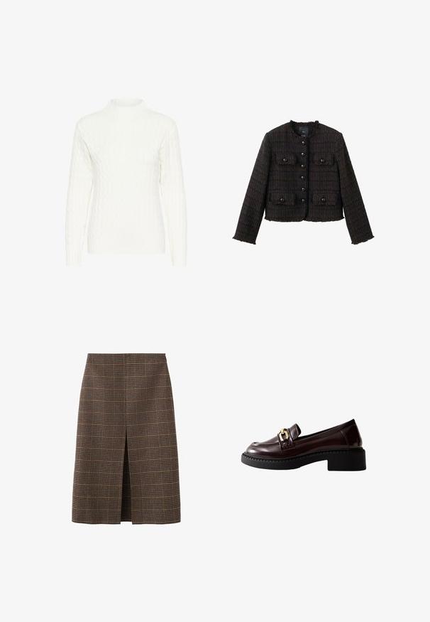 Brun tweedjakke med en firkantet form, der har tekstureret stof, frynsete kanter og seks sorte knapper foran. Indeholder to brystlommer.; Hvid kabelstrikket sweater med høj hals, lange ærmer og struktureret mønster. Stoffet ser blødt og let strækbart ud.; Brunternetternet plaid nederdel med lige snit, knælang, med en forreste slids. Stoffet har en tekstureret finish med subtile farvekontraster.; Brune patenterede læder loafers med en kraftig sort sål, med en guldbeslag accent på fronten og diskrete syninger på siderne.