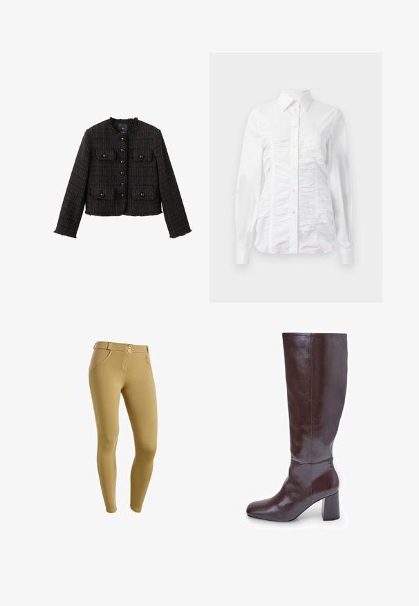 Chaqueta de tweed marrón con forma cuadrada, que presenta tela texturizada, bordes deshilachados y seis botones negros en la parte delantera. Incluye dos bolsillos en el pecho.; Camisa blanca de botones con mangas largas, que presenta una textura fruncida en la parte delantera, pequeños botones dorados y un cuello estándar.; Leggings color beige hechos de tejido elástico, con cintura alta, cierre de dos botones, bolsillos laterales y una silueta ajustada.; Botas de cuero marrón hasta la rodilla con puntera cuadrada y un tacón grueso. El acabado es brillante, resaltando la textura suave y las líneas de diseño.