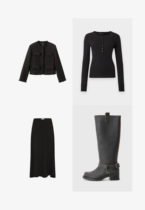 Brun tweedjakke med en firkantet form, der har tekstureret stof, frynsete kanter og seks sorte knapper foran. Indeholder to brystlommer.; Sort ribbet langærmet henley skjorte med rund halsudskæring og seks knapper foran, slim fit, præsenteret på en hvid baggrund.; Sort, knælang nederdel lavet af blødt stof med en glat tekstur, der har en elastisk talje og en flydende silhuet.; Sorte læderknæhøje støvler med en tekstureret overflade, der har en sidebuckle-detalje og en lav hæl. Særligt detaljeret syninger langs sømmene.