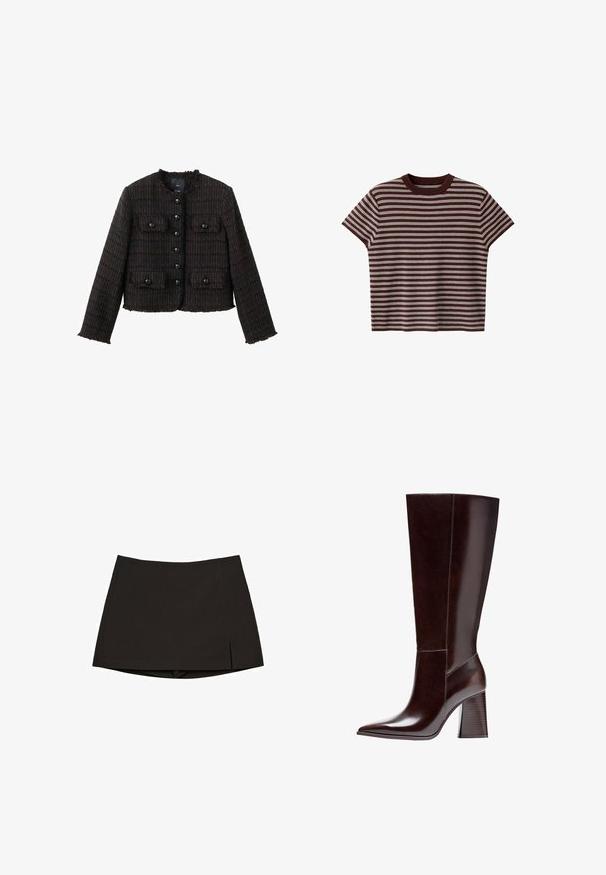 Veste en tweed marron à coupe carrée, avec tissu texturé, bords effilochés et six boutons noirs sur le devant. Comprend deux poches poitrine.; Haut tricoté marron à manches courtes avec des rayures horizontales blanches et un col rond sur fond blanc.; Mini-jupe noire en tissu lisse, avec une coupe droite, des fentes latérales et un ourlet net. Simple et polyvalente.; Botte en cuir marron jusqu'au genou avec un bout pointu et un talon en bloc texturé. Présente des lignes épurées et des détails de couture minimalistes.