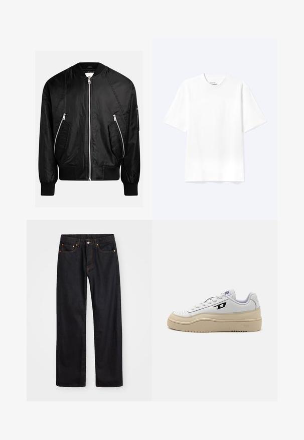 Veste bomber noire avec fermeture éclair à l'avant, poignets côtelés et deux poches zippées diagonales avec une finition lisse et brillante.; T-shirt blanc uni à manches courtes et col rond avec une coupe décontractée, présenté sur un fond clair.; Jean en denim noir pour hommes, coupe droite, avec cinq poches et surpiqûres orange, fermeture par bouton et zip à la taille avant.; Sneaker blanche avec un upper en cuir lisse, semelle en caoutchouc beige, bout rond, fermeture à lacets et un accent de logo noir sur le côté.