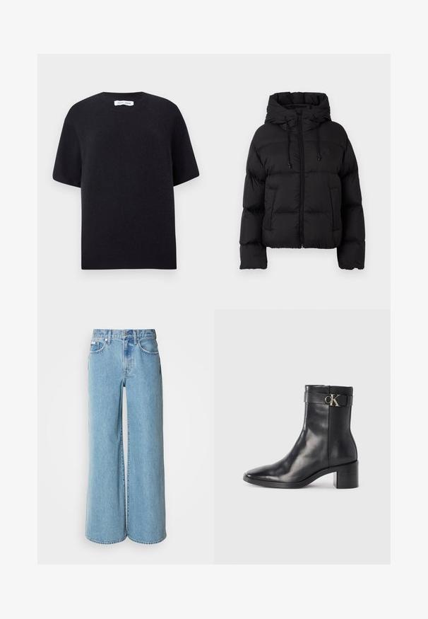 Veste matelassée noire avec capuche, fermeture éclair frontale, cordons de serrage et deux poches avant sur fond blanc uni.; Pull court en maille noire à manches courtes avec un col rond et un ourlet côtelé. Texture lisse avec une coupe décontractée. Design minimaliste.; Jean large bleu clair en denim, avec une taille haute, un design à cinq poches et un léger dégradé sur le tissu.; Botte de cheville en cuir noir avec un bout pointu, un talon carré et une sangle avec un détail de logo métallique. Texture lisse et design minimaliste.