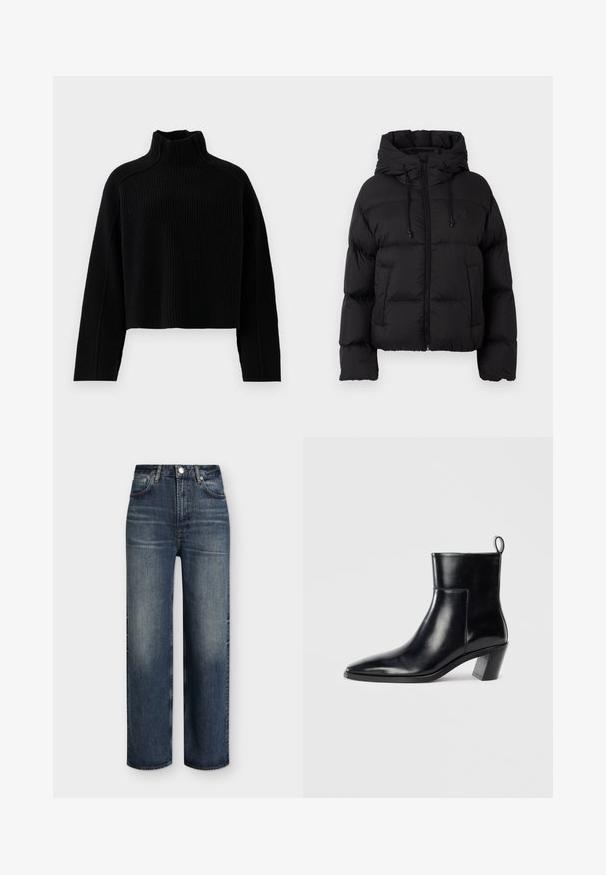 Chaqueta acolchada negra con capucha, cremallera frontal, cordones y dos bolsillos frontales sobre un fondo blanco liso.; Suéter negro de punto acanalado con cuello alto y diseño corto, que presenta mangas largas y un acabado texturizado.; Vaqueros de pierna recta de tiro alto en azul oscuro, con bolsillos delanteros, trabillas para cinturón, cierre de botón y detalles sutiles desgastados en los muslos y las rodillas.; Botín de piel negra hasta el tobillo con punta afilada, tacón apilado geométrico y una lengüeta en la parte posterior. Textura suave y diseño elegante.