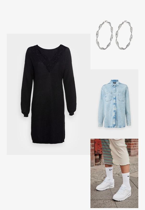 Lys blå denimskjorte med lange ærmer, to frontlommer, knaplukning, let falmet design og klassisk krave.; Sort striktrøje kjole med lange ærmer, V-hals og blonderdetaljer ved udskæringen. Ribbet tekstur med sideslids ved kanten.; Hvide Nike Air Max 90 sneakers med mesh og læderoverdel, der har en synlig luftenhed, parret med hvide ribbede sokker med sort logo.; Sølv hoop øreringe med et snoet design, der har en tekstureret overflade og en sikker lås. Letvægts og reflekterende med en glat finish.