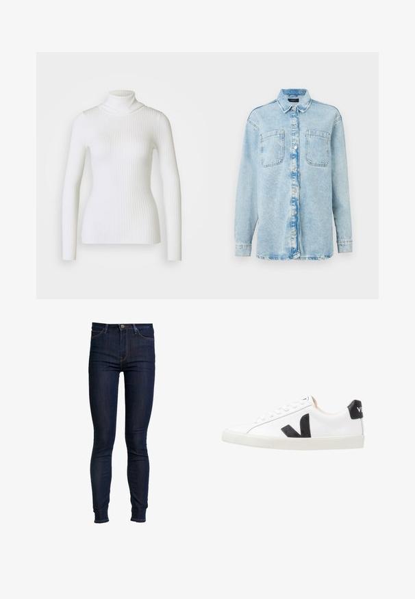 Chemise en denim bleu clair à manches longues, avec deux poches avant, fermeture à boutons, design légèrement délavé et col classique.; Pull en maille côtelée blanche avec col roulé et manches longues, présentant un design ajusté et une texture douce. Col plat et look sans couture.; Jean skinny bleu foncé en denim, avec une taille mi-haute, un design classique à 5 poches et des détails de coutures contrastées.; Baskets blanches avec un logo V noir, présentant un dessus en cuir lisse, un bout rond, un système de laçage et un empiècement au talon noir contrastant.