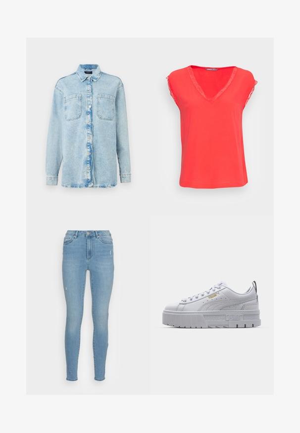 Chemise en denim bleu clair à manches longues, avec deux poches avant, fermeture à boutons, design légèrement délavé et col classique.; ONLY ONLJASMINA V NECK - Blouse - poppy red; Vero Moda Jeans Skinny - light blue denim; Baskets plateformes blanches avec une tige en cuir lisse, un col rembourré, une semelle en caoutchouc grise et des accents dorés arborant le logo Puma.