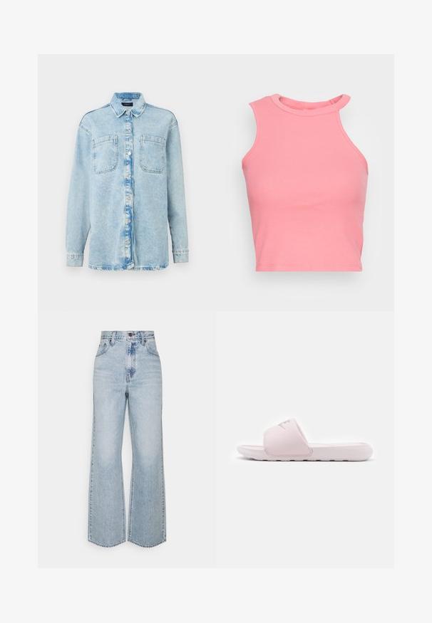 Lys blå denimskjorte med lange ærmer, to frontlommer, knaplukning, let falmet design og klassisk krave.; Lyserød ribbet ærmeløs crop top med høj hals; har en tætsiddende form og rene kanter. Blød tekstur, minimale synlige sømme.; Lysblå denim brede ben jeans med høj talje, klassisk fem-lomme design og kontrasterende syninger. Uslebne kanter i bunden.; Rosa slidessandal med fleksibel gummisål, polstret rem og minimalistisk design. Har et logo på remmen og en glat overflade.