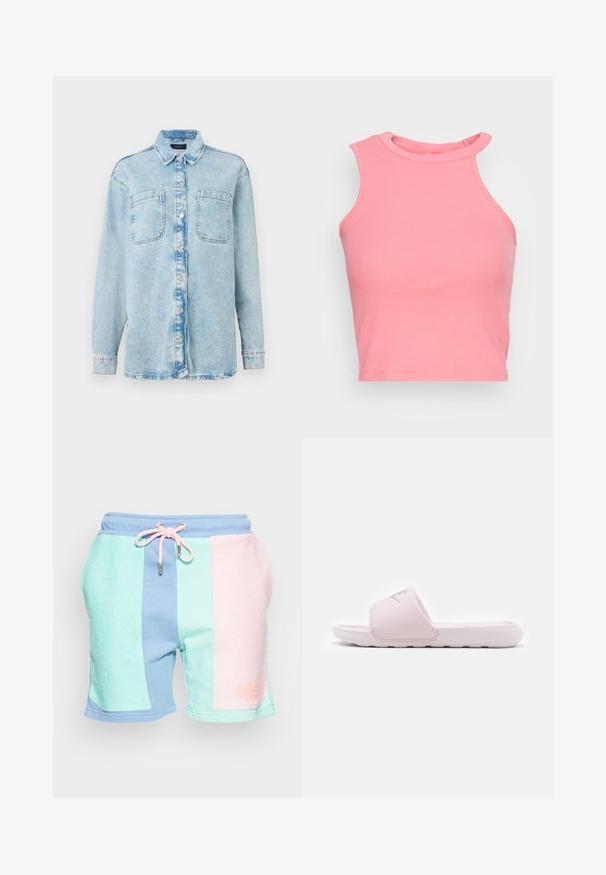 Himmelblaues Denim-Hemd mit langen Ärmeln, zwei vorderen Taschen, Knopfverschluss, leicht verblasstem Design und klassischem Kragen.; Rosa geripptes ärmelloses Crop-Top mit hohem Kragen; verfügt über eine enganliegende Form und saubere Kanten. Weicher Stoff, minimale sichtbare Nähte.; Bunte Sportshorts mit strukturierten mintgrünen, pastellrosa und blauen Einsätzen. Elastischer Bund mit Kordelzug, Logodetail.; Rosa Rutschelsandale mit einer flexiblen Gummisohle, gepolstertem Riemen und minimalistischer Gestaltung. Mit einem Logo auf dem Riemen und glatter Textur.