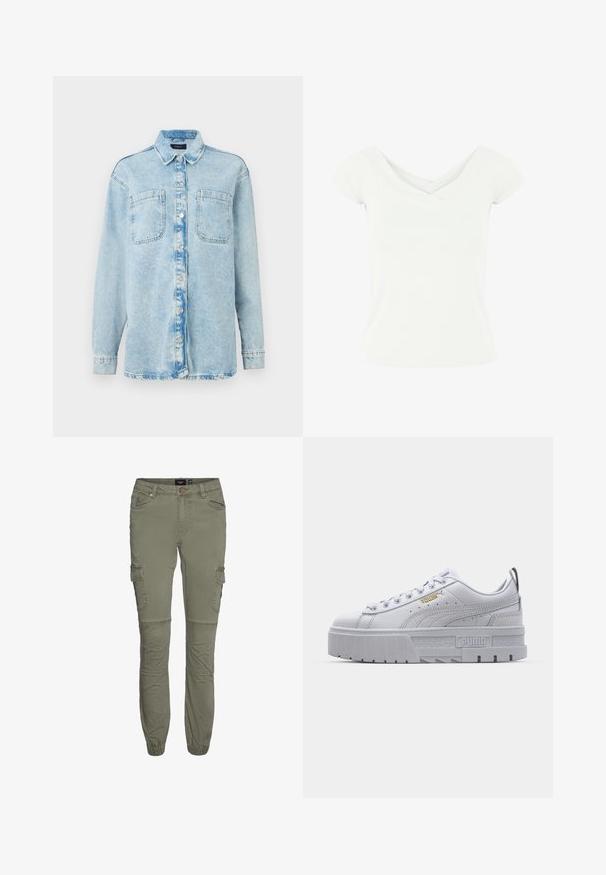 Lys blå denimskjorte med lange ærmer, to frontlommer, knaplukning, let falmet design og klassisk krave.; Hvid kortærmet top med en crossover V-udskæring, lavet af et glat stof. Har en tætsiddende silhuet og en ren kant.; Olivengrønne cargo bukser i en slidstærk bomuldsblanding med tætsiddende manchetter, flere lommer og knæfold for øget bevægelighed.; Hvide platform sneakers med en glat læderoverdel, polstret krave, grå gummisål og gyldne detaljer med Puma-logoet.
