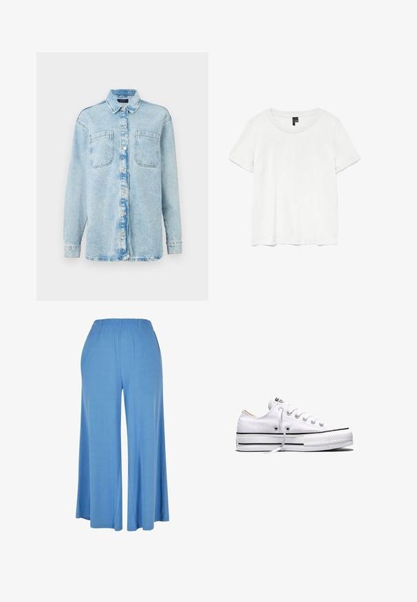 Himmelblaues Denim-Hemd mit langen Ärmeln, zwei vorderen Taschen, Knopfverschluss, leicht verblasstem Design und klassischem Kragen.; Weißes T-Shirt mit kurzen Ärmeln und rundem Ausschnitt, hergestellt aus leichtem Stoff. Schlichtes Design, glatte Textur und gerader Saum.; Hellblaue weit geschnittene Hose aus weichem Stoff, mit einem elastischen Bund und einem lockeren Schnitt, der bis zur Mitte der Wade reicht.; Weißer Canvas-Sneaker in niedriger Ausführung mit weißen Schnürsenkeln, schwarzen Streifen an der Sohle und gummiertem, strukturiertem Zehenschutz, Seitenansicht vor weißem Hintergrund.