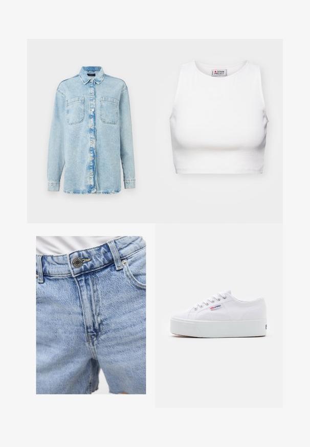 Heledsinine denimsärk pikkade varrukatega, kaks esist taskut, nööbiga kinnitamine, veidi kulunud disain ja klassikaline krae.; Valge lühikeste varrukatega crop tank top, mis on valmistatud soonikkangast. Omab ümarat kaelust ja laiu käeauke. Sildil on nähtav "Denim Project" brändi märge.; Heledad sinine denim lühikesed püksid kõrge vöökohaga, nähtava õmblusega, kahe esipoeckuga ja metallnupu kinnitusega. Sile tekstuur.; Valge kangast sneaker paksu valge platvormi tossul, ümmargune nina ja metallist augud nööride jaoks. Brändi logo on küljes.