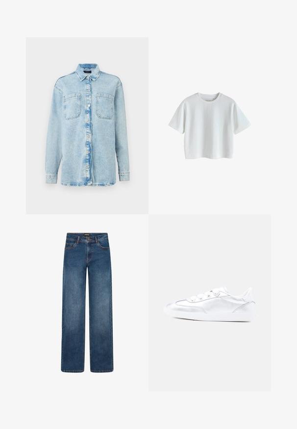 Camisa de denim azul claro con mangas largas, dos bolsillos frontales, cierre de botones, diseño ligeramente desgastado y cuello clásico.; Camiseta blanca lisa de manga corta con cuello redondo, corte holgado y dobladillo recto, mostrada sobre un fondo blanco.; Vaqueros de pierna ancha en lavado azul medio. Cuentan con cinco bolsillos, cierre de botón y cremallera, y costuras doblemente reforzadas. Tejido duradero.; Zapatilla plateada de perfil bajo con cordones blancos, sutil logo de Love Moschino en el lateral y suela de goma blanca sobre fondo liso.