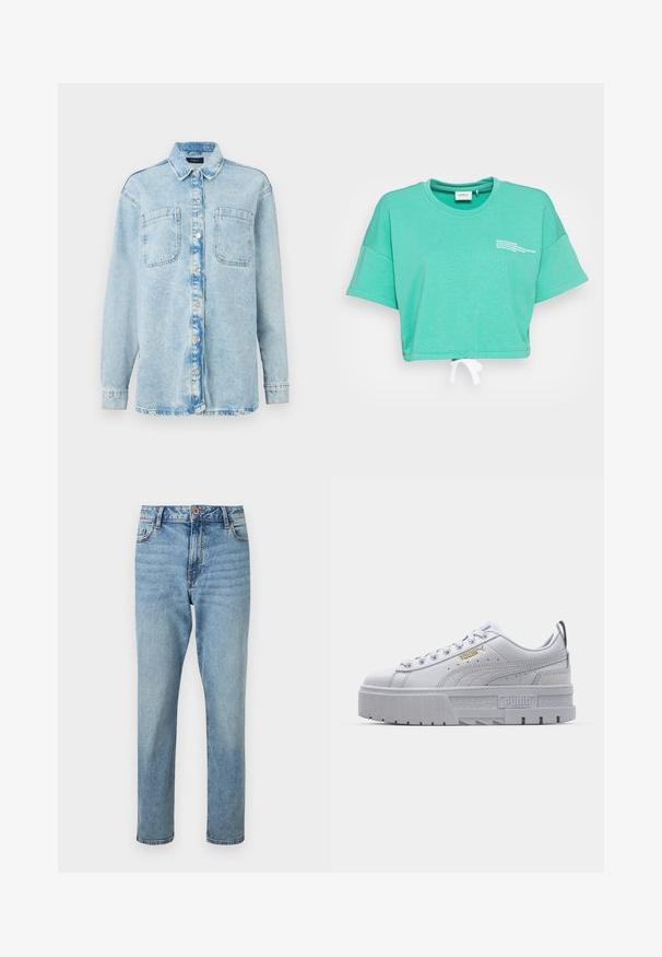 Camisa de denim azul claro con mangas largas, dos bolsillos frontales, cierre de botones, diseño ligeramente desgastado y cuello clásico.; Camiseta recortada de color verde menta hecha de tela suave. Presenta mangas cortas y un cordón blanco en el dobladillo. Texto impreso en blanco en el pecho.; Vaqueros azul claro de tiro alto y pierna recta con cierre frontal de botón y cremallera, bolsillos delanteros y sutiles detalles descoloridos.; Zapatillas de plataforma blancas con parte superior de cuero suave, cuello acolchado, suela de goma gris y detalles dorados que presentan el logo de Puma.