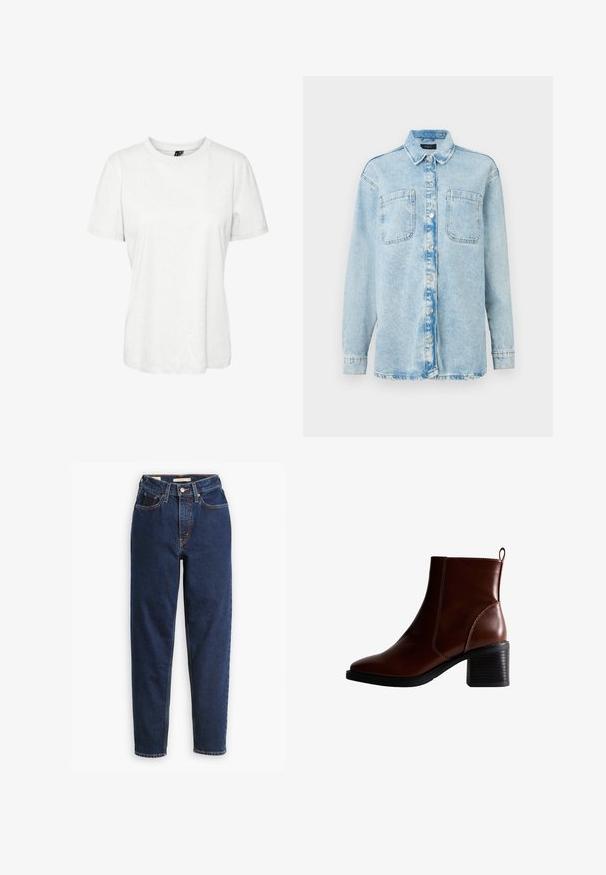 Lys blå denimskjorte med lange ærmer, to frontlommer, knaplukning, let falmet design og klassisk krave.; Hvid kortærmet t-shirt lavet af bomuld med rund halsudskæring og afslappet pasform. Glat tekstur og ingen synlige mønstre eller dekorationer.; Mørkeblå denimjeans med høj talje, femlommedesign og lige ben. Kontrastsyninger og knaplukning.; Brun læder ankelstøvle med firkantet tå og sidesøm, en 7,5 cm stablet hæl og en trækflap bagpå for nem påtagning.