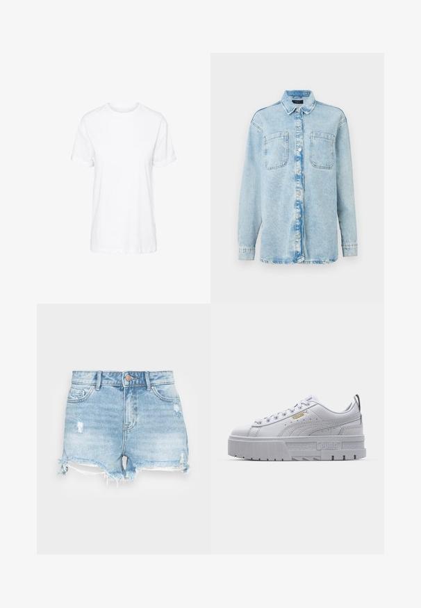 Himmelblaues Denim-Hemd mit langen Ärmeln, zwei vorderen Taschen, Knopfverschluss, leicht verblasstem Design und klassischem Kragen.; Weißes Baumwoll-T-Shirt mit kurzen Ärmeln, Rundhalsausschnitt und legerem Schnitt, mit glatter Textur und ohne sichtbare Muster.; Denim-Shorts in Hellblau mit einem verwaschenen Finish, fransigem Saum und klassischem Fünf-Taschen-Design. Mit einem Metallknopfverschluss.; Weiße Plattform-Sneaker mit einem glatten Lederoberteil, gepolstertem Kragen, grauer Gummisohle und goldenen Akzenten mit dem Puma-Logo.