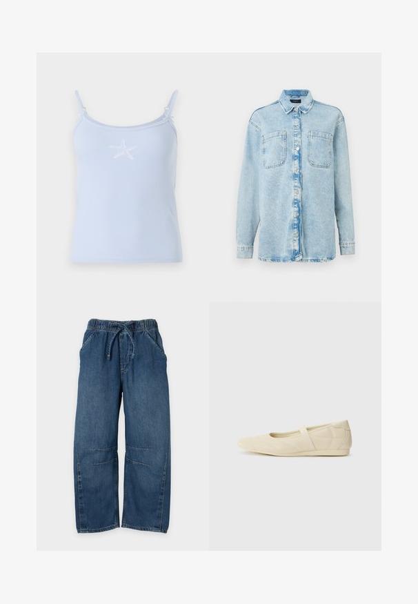Himmelblaues Denim-Hemd mit langen Ärmeln, zwei vorderen Taschen, Knopfverschluss, leicht verblasstem Design und klassischem Kragen.; Hellblaues, geripptes Tanktop mit dünnen Trägern. Auf der Vorderseite befindet sich ein weißes, gesticktes Seestern-Motiv. Glatte Textur mit minimalen Verzierungen.; Blaue Jeanshose mit elastischem Bund und Kordelzug, gerade weite Beine sowie Nahtdetails vorne und an den Knien.; Beige Ballerinas aus glattem Leder mit mandelförmiger Zehenpartie und elastischem Riemen über dem Fußrücken, ausgestattet mit dezenten Nähtelementen.