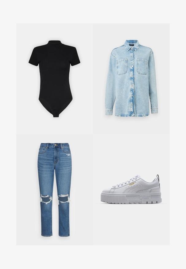 Chemise en denim bleu clair à manches longues, avec deux poches avant, fermeture à boutons, design légèrement délavé et col classique.; Bodysuit noir avec un col montant, des manches courtes et une coupe ajustée. Fabriqué à partir d'un tissu lisse et extensible avec un bas sans couture.; American Eagle MOM - Jean slim - cool classic; Baskets plateformes blanches avec une tige en cuir lisse, un col rembourré, une semelle en caoutchouc grise et des accents dorés arborant le logo Puma.