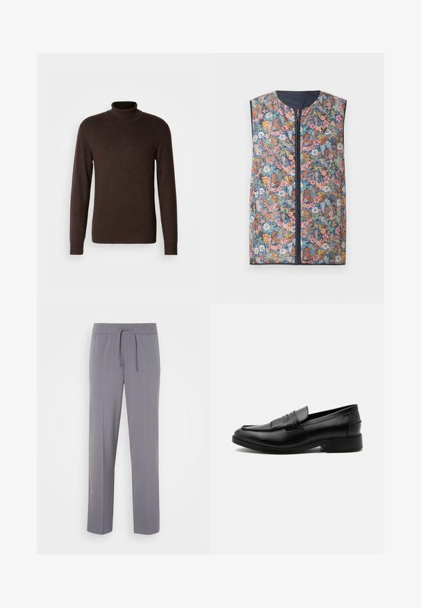 Gilet matelassé à motifs floraux avec fermeture éclair à l'avant, col rond et bordures bleu foncé. Les couleurs incluent des fleurs roses, orange, vertes et bleues.; Pull en col roulé marron en matériau doux, avec des manches longues et un col côtelé. Texture lisse avec une coupe ajustée.; Pantalons gris extensibles avec une taille plate, une ceinture élastique et un cordon de serrage, présentant des jambes straight et une texture lisse.; Mocassin homme en cuir noir avec détail pompon, bout arrondi, talon bas et finition polie lisse, montré de profil sur fond blanc.