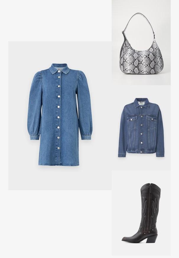 Jeansjacke in einem mittleren Blauton mit klassischem Design. Verfügt über zwei Brusttaschen, silberne Knöpfe und einen Kragen.; Denimkleid mit langen Puffärmeln, Knopfleiste, Kragen und geradem Schnitt. Blauer Stoff mit glatter Textur.; Braune Cowboy-Stiefel aus Leder mit Flammenstickerei, seitlichem Reißverschluss, silbernen Nieten, spitzer Zehenpartie und geschichtetem Absatz.; Schultertasche im schwarz-weißen Schlangenprint mit runder Form, glatter Textur und gebogenem Tragegurt. Mit einem silbernen Hardware-Akzent.