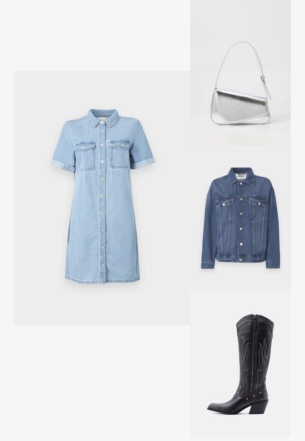 Denimjakke i en mellemblå nuance med et klassisk design. Har to brystlommer, sølvknapper og en krave.; Lyseblå denimkjole med korte ærmer, knaplukning fortil, to brystlommer og opkrøllede ærmer. Glat tekstur og lige skæring.; Sorte cowboystøvler i læder med spids tå, synlige sømme, sølvfarvede nitte-detaljer og lynlås på den indvendige side.; Sølvmetallic håndtaske med en trekantet form, glat overflade og en tynd, justerbar skulderrem. Har et fold-over design med syninger.