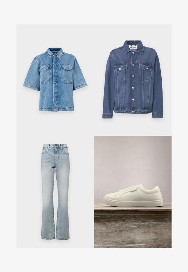 Veste en denim de couleur bleu moyen avec un design classique. Comprend deux poches sur la poitrine, des boutons en argent et un col.; Chemise en denim à manches courtes de couleur bleu clair, dotée d'un col évasé, de deux poches poitrine et d'une fermeture à boutons sur le devant, avec une coupe décontractée et des coutures visibles.; Jeans évasés en denim délavé avec taille haute, comportant cinq poches et un matériel minimal. Le tissu a une texture lisse et une finition décolorée.; Baskets en cuir blanc avec des lacets flottant au-dessus d'un banc en bois, herbe verte haute floue en arrière-plan à l'extérieur.