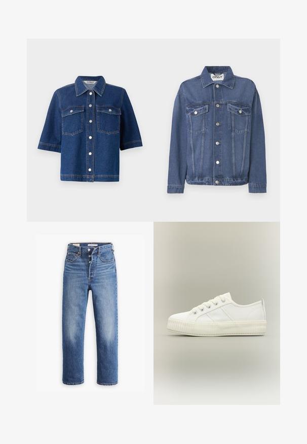 Jeansjacke in einem mittleren Blauton mit klassischem Design. Verfügt über zwei Brusttaschen, silberne Knöpfe und einen Kragen.; Dunkelblaue Jeansjacke mit kurzen Ärmeln, zwei Brusttaschen, silbernen Druckknöpfen und einem kragenförmigen Halsauschnitt.; Blaue Jeans aus Denim mit hoher Taille, geradem Beinschnitt und ausgewaschenen Stellen. Mit Fronttaschen und metalischen Verzierungen.; Weißer Sneaker mit niedrigem Schaft, dicker gerippter Sohle, Schnürung vorne und Zuglasche an der Ferse vor neutralem Hintergrund.