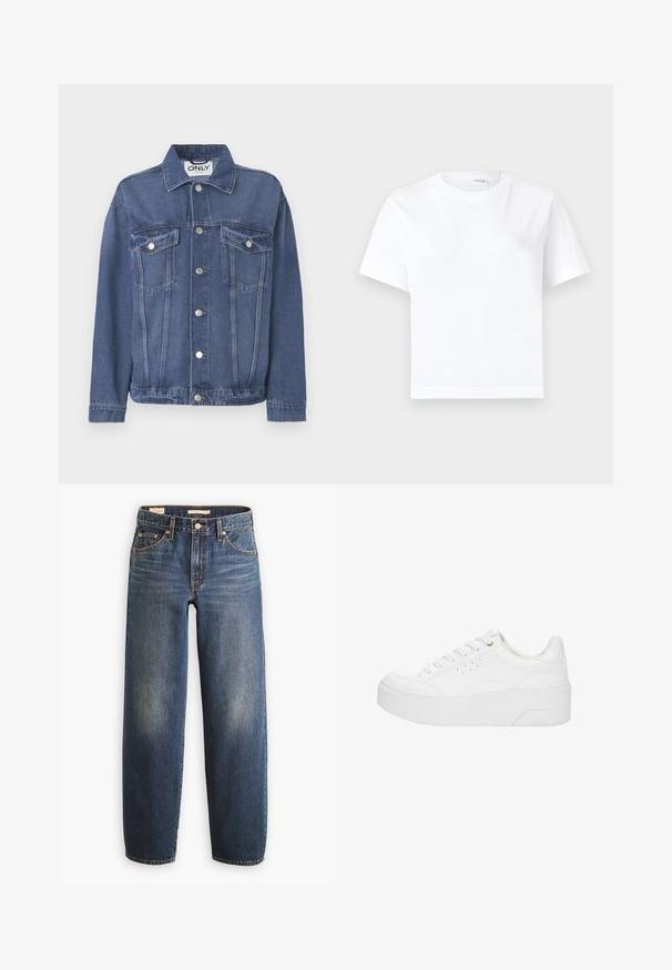 Veste en denim de couleur bleu moyen avec un design classique. Comprend deux poches sur la poitrine, des boutons en argent et un col.; T-shirt blanc uni en coton à manches courtes, col rond et ourlet droit, présenté sur fond blanc.; Jean en denim bleu foncé avec une coupe droite, doté de cinq poches, de rivets en cuivre et d'un léger délavage sur les cuisses.; Baskets à plateforme blanches avec lacets à l'avant, détails perforés sur le côté et semelle épaisse, vues de profil extérieur sur un fond blanc.