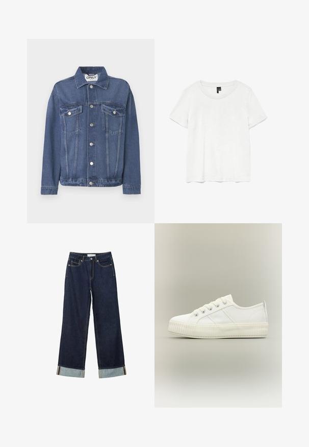 Denimjakke i en mellemblå nuance med et klassisk design. Har to brystlommer, sølvknapper og en krave.; Hvid kortærmet t-shirt med rund halsudskæring, lavet af letvægtsstof. Enkel design, glat tekstur og lige kant.; Mørkeblå vide jeans med højt talje, med opfoldede vamsser, kontrastsyning og fem-lommers design. Lavet af denim stof.; Hvid lavtop sneaker med tyk ribbet sål, snørelukning foran og trækflap på hælen mod en neutral baggrund.