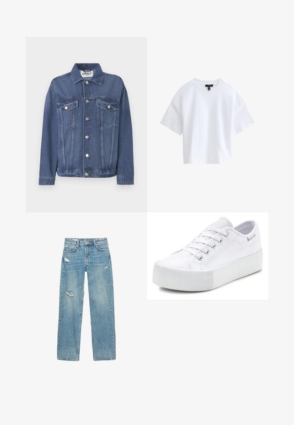 Denimjakke i en mellemblå nuance med et klassisk design. Har to brystlommer, sølvknapper og en krave.; Simpel hvid kortærmet crop top med rund halsudskæring og sort mærke indeni kraven.; Lyseblå, straight-leg jeans lavet af denim. Har sammensmeltede huller på fronten, falmede tekstur og fem lommer med metalhardware.; Hvid lavtop snøresneaker med tyk gummisål og tekstureret tåkappe, med stofoverdel og mærkemærke ved kraven.