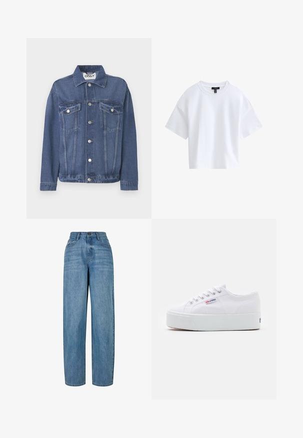 Denimjakke i en mellemblå nuance med et klassisk design. Har to brystlommer, sølvknapper og en krave.; Simpel hvid kortærmet crop top med rund halsudskæring og sort mærke indeni kraven.; Lyseblå denimjeans med lige ben-design, der har en knaplukning, fem lommer og subtilt slid i stoffet.; Hvide canvas sneakers med en tyk hvid platformssål, rund tå og metaløjelets til snørebånd. Mærkets logo præsenteret på siden.