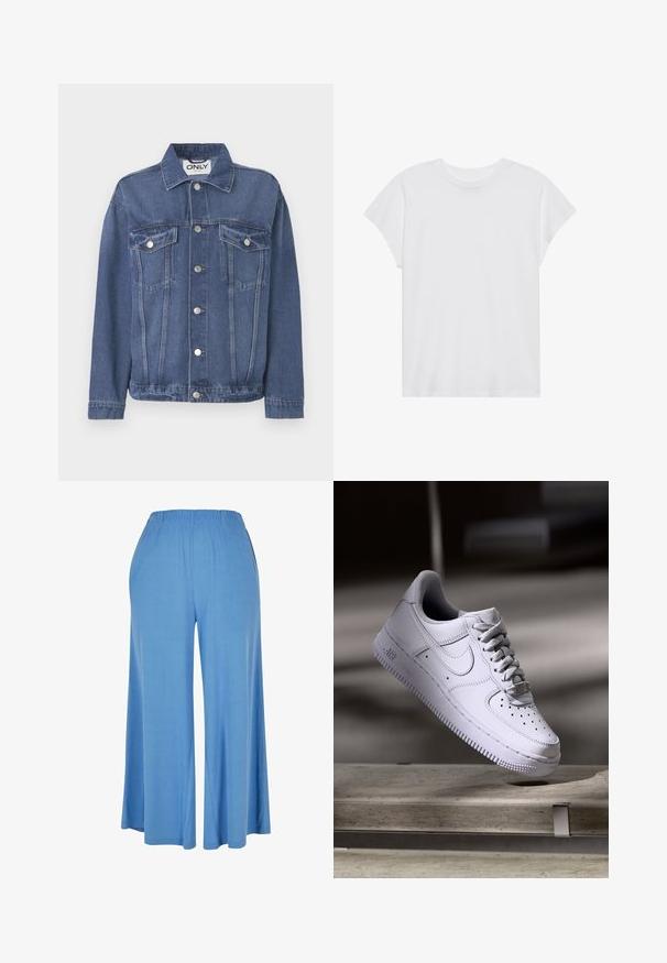 Jeansjacke in einem mittleren Blauton mit klassischem Design. Verfügt über zwei Brusttaschen, silberne Knöpfe und einen Kragen.; Weißes kurzärmliges T-Shirt mit Rundhalsausschnitt, lockerer Passform, aus weichem Baumwollstoff. Glatte Textur, keine Muster oder Logos.; Hellblaue weit geschnittene Hose aus weichem Stoff, mit einem elastischen Bund und einem lockeren Schnitt, der bis zur Mitte der Wade reicht.; Weißer Nike Air Force 1 Sneaker schwebt über einer Betonoberfläche mit Schatten in einem minimalistischen Umfeld.