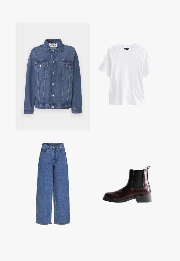 Denimjakke i en mellemblå nuance med et klassisk design. Har to brystlommer, sølvknapper og en krave.; Hvid t-shirt med korte ærmer og rund halsudskæring med en sort tøjetiket inde i kraven på hvid baggrund.; Bredde ben blå jeans med høj talje, lavet af denimstof. Egenskaber inkluderer frontlommer og knaplukning. Klassisk afslappet design.; Brune læder ankelstøvle med elastiske sidepaneler, rund tå og en struktureret sort gummisål. Har kontrasterende syninger og en trækflap.
